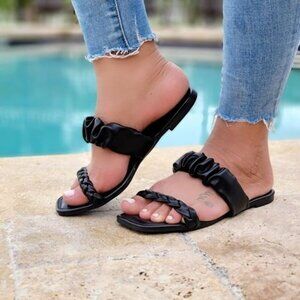 Women’s Black Flat Sandals Slip-On Scrunchy Strap Detail